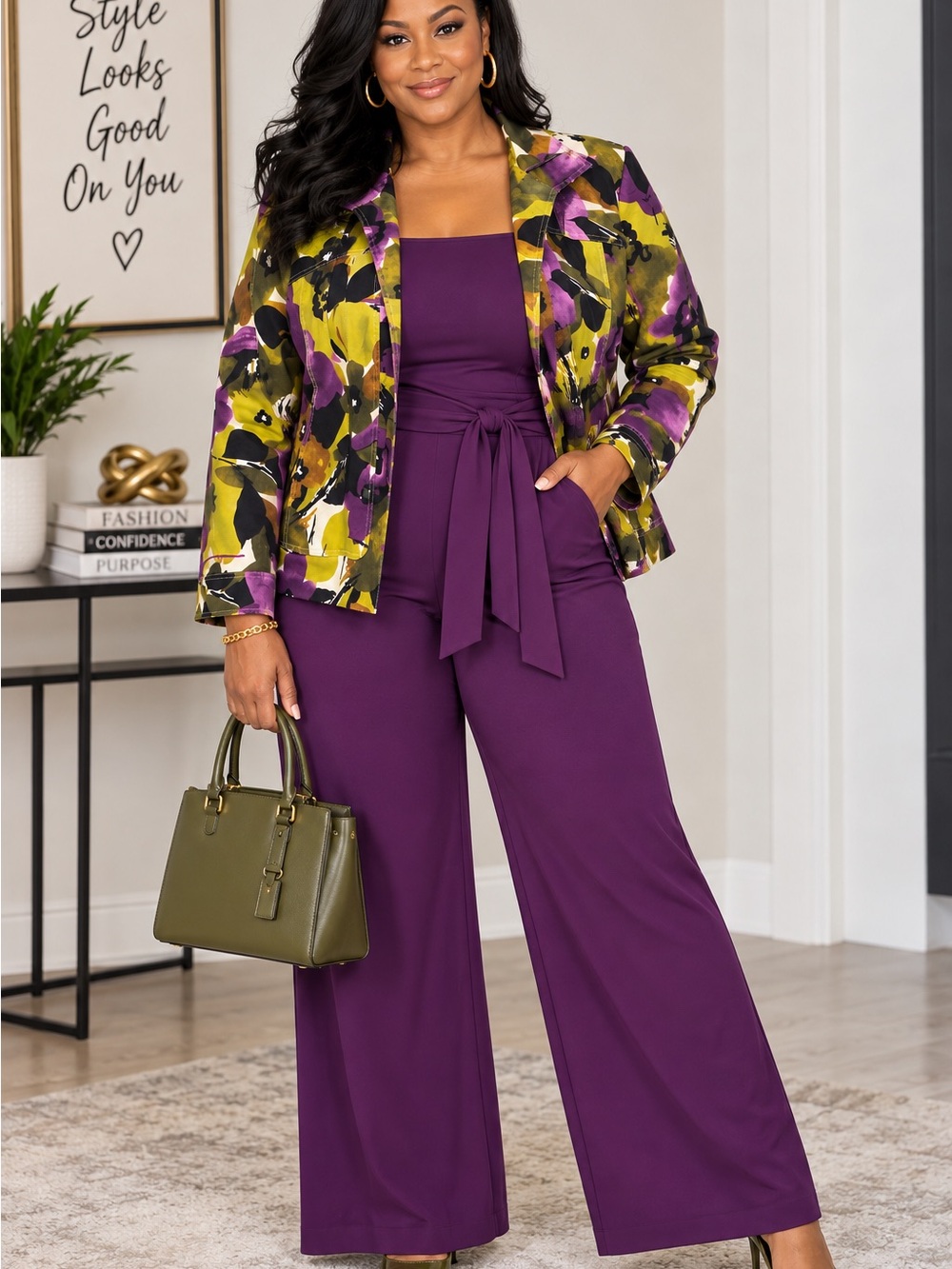 Transitions 1X Purple Olive Abstract Floral Cotton Stretch Statement Jacket.